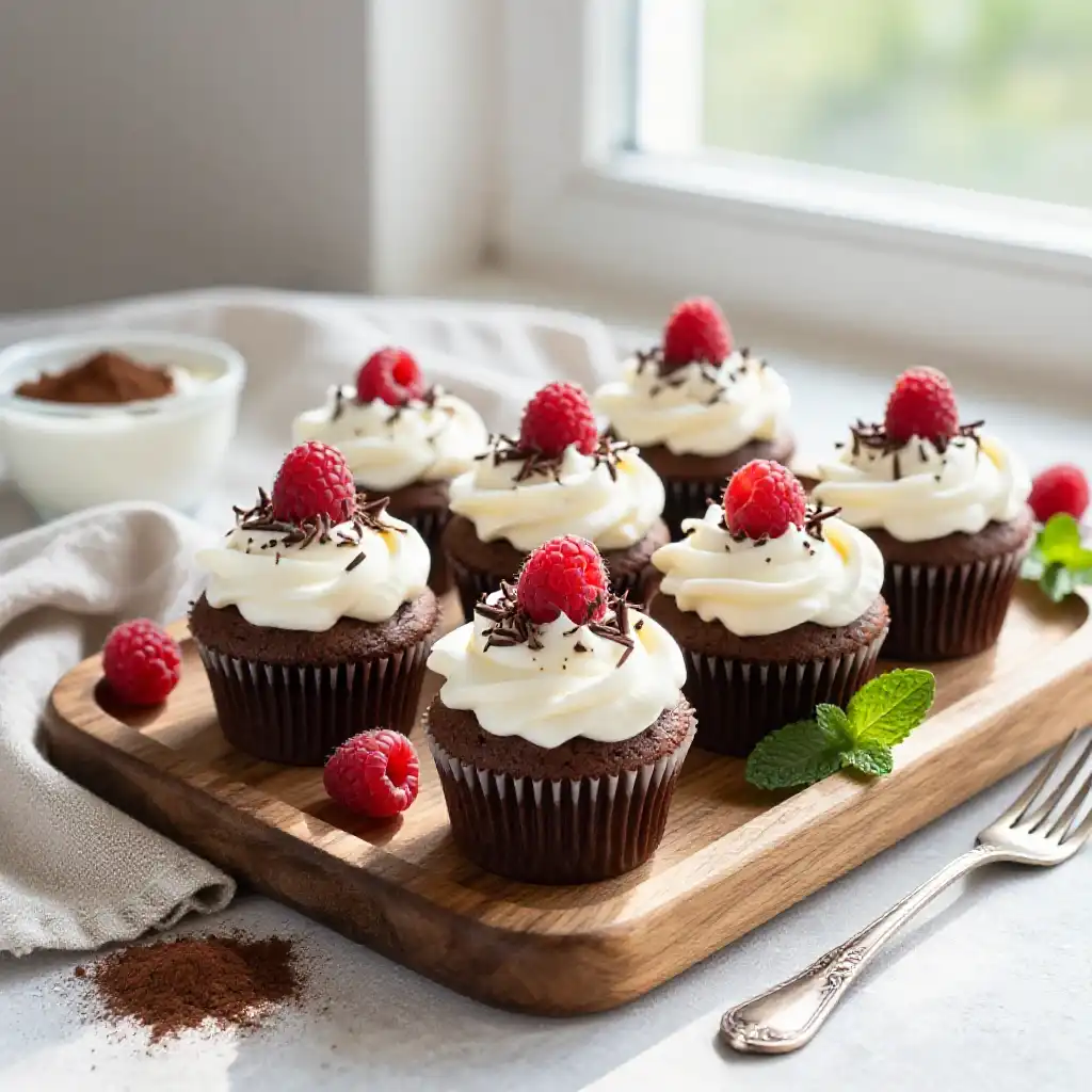 Protein Packed Chocolate Cupcakes with Greek Yogurt Frosting (High Protein) plated dish