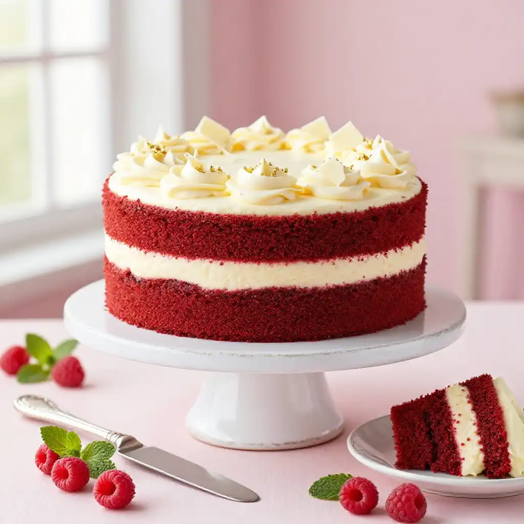 Red Velvet Cake with Cream Cheese Frosting and White Chocolate Shavings plated dish