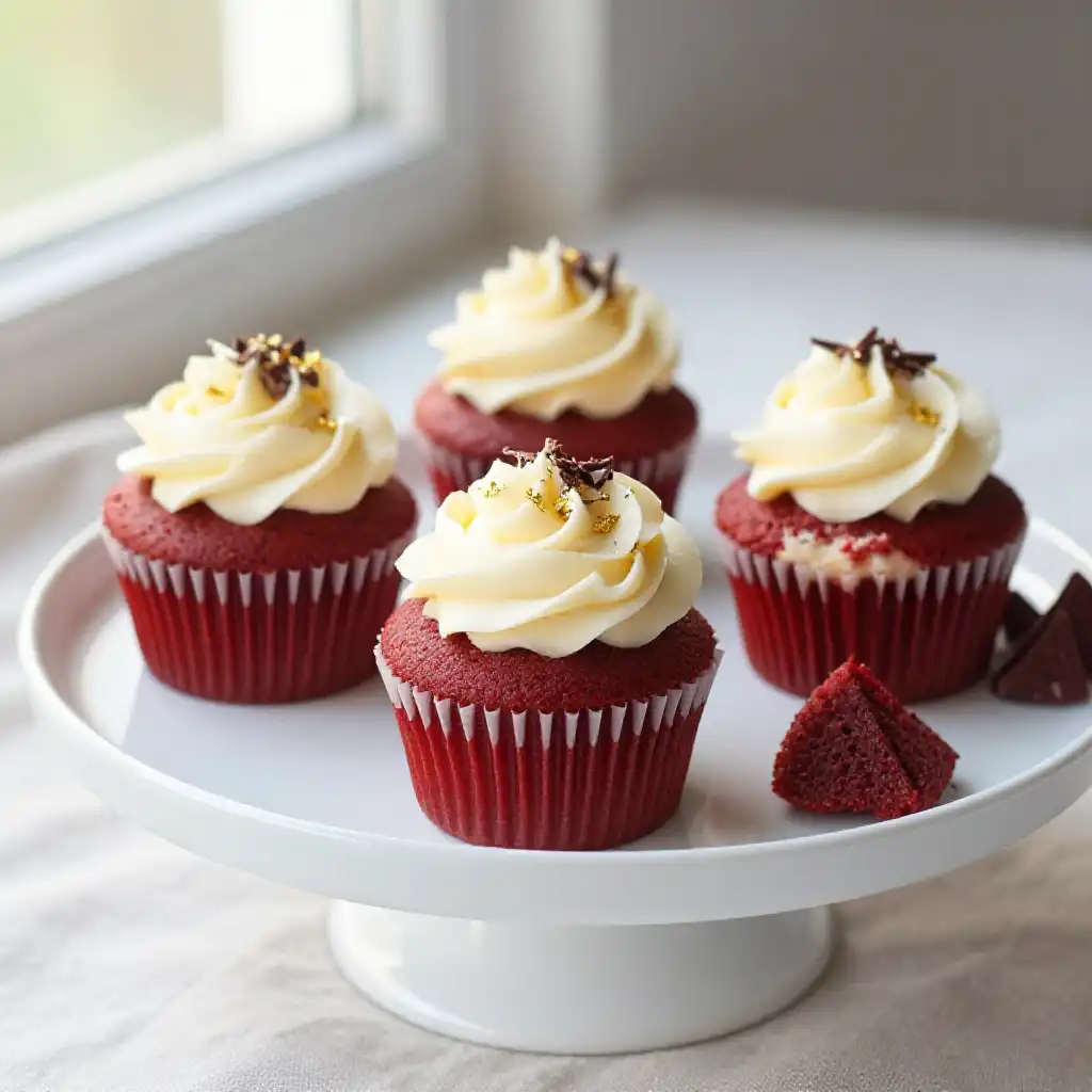 Red Velvet Cupcakes with Cream Cheese Rosettes plated dish