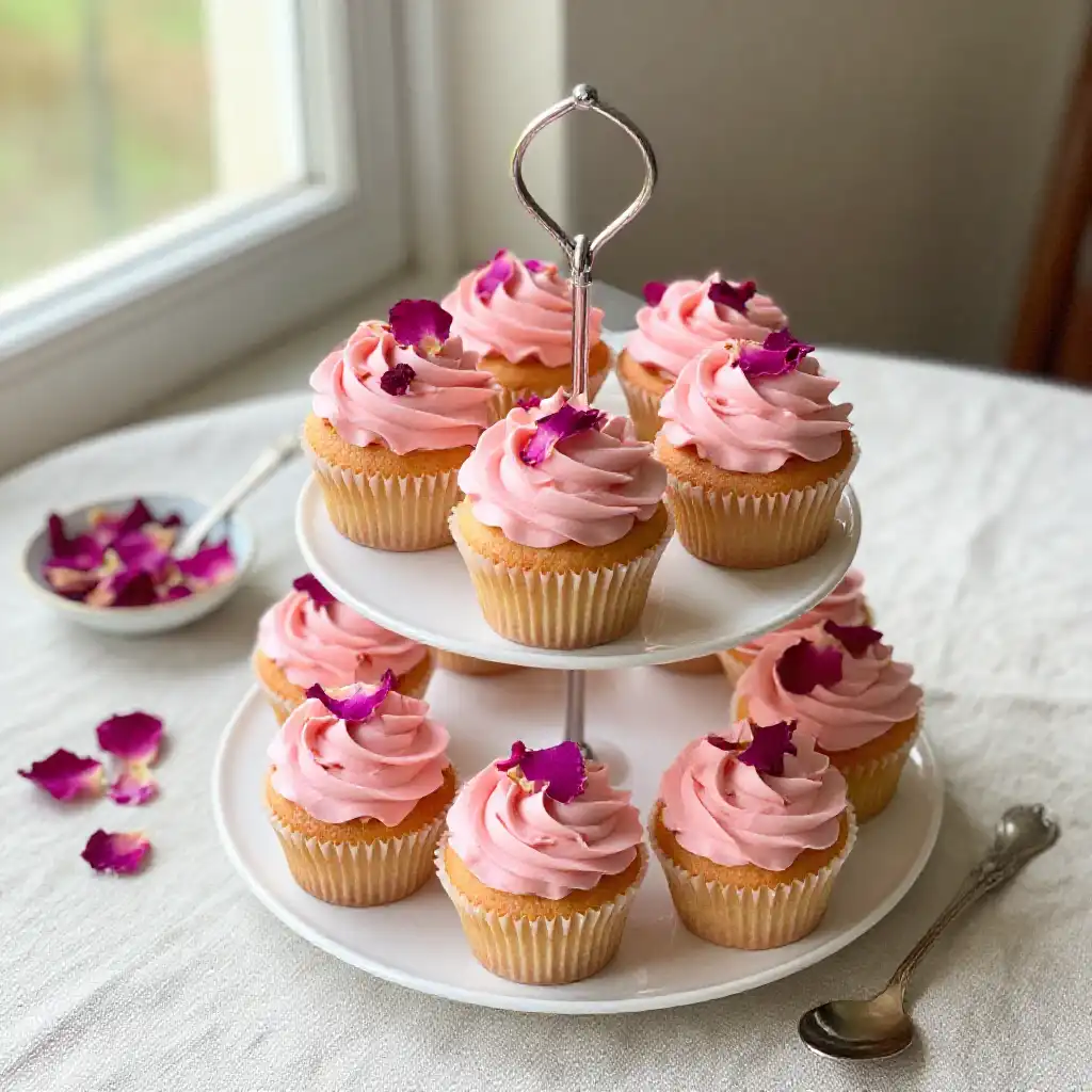 Rose Water Cupcakes with Dried Rose Petals plated dish