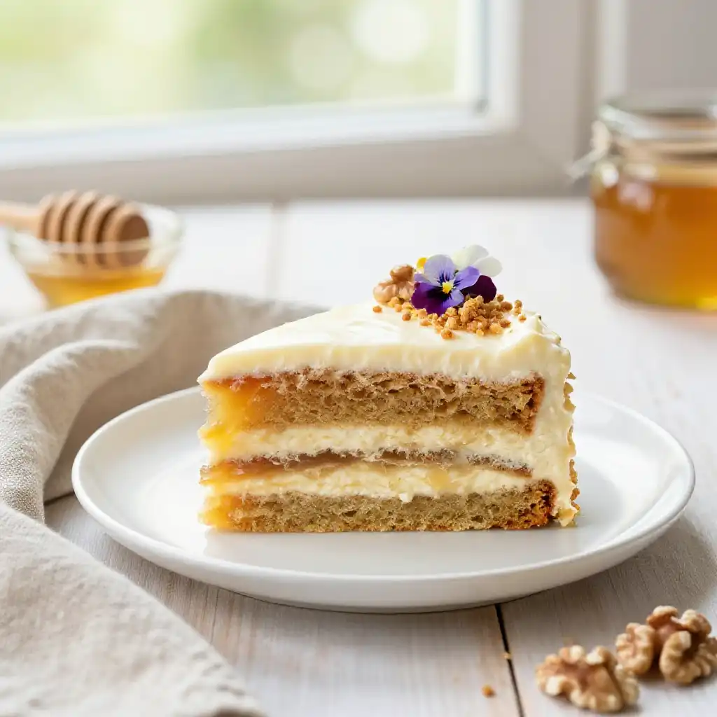 Russian Honey Layer Cake Medovik with Sour Cream Frosting plated dish