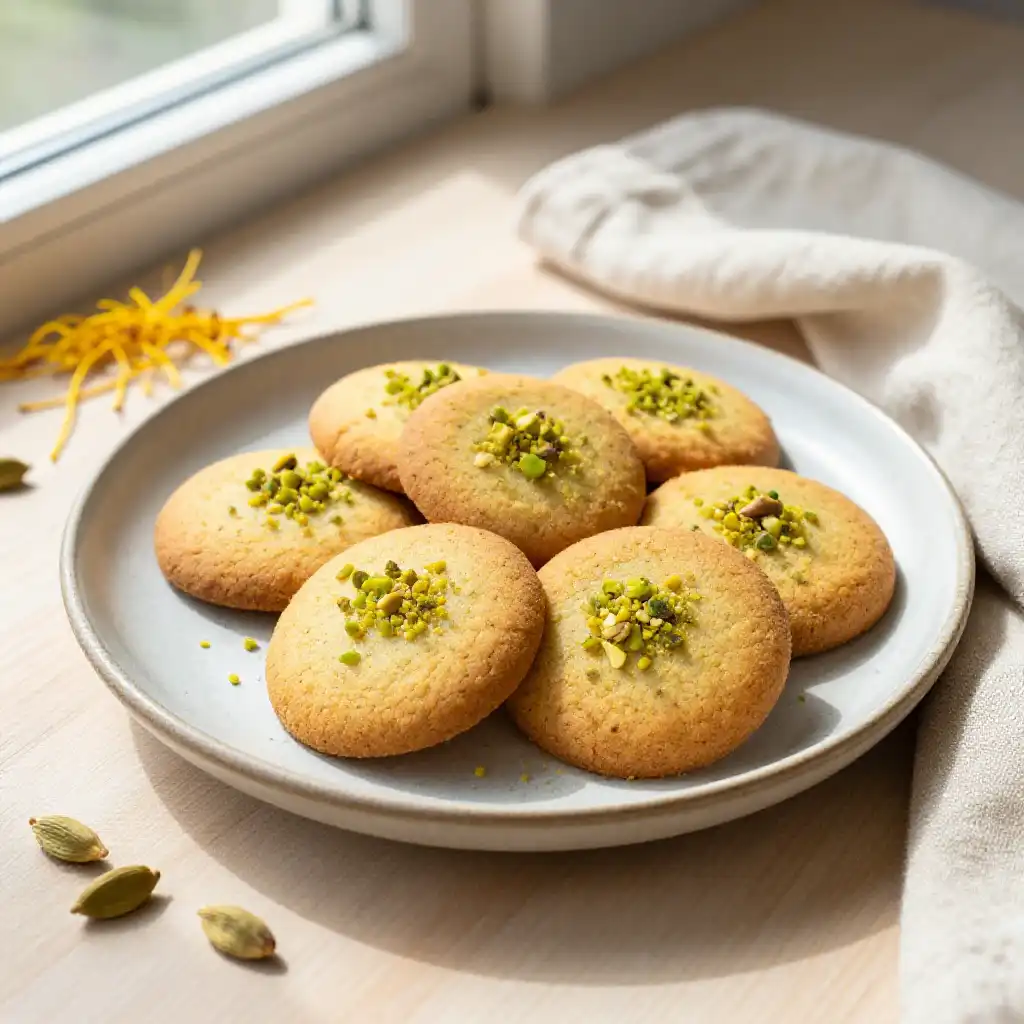 Saffron Cardamom Cookies with Pistachio Garnish plated dish