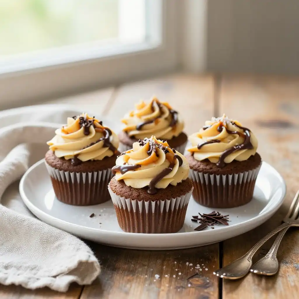 Salted Caramel Cupcakes with Chocolate Drizzle plated dish