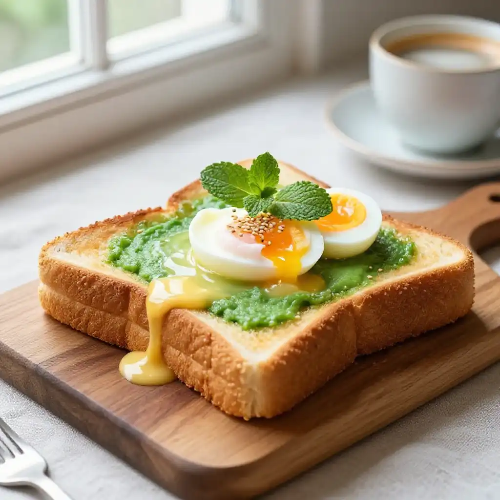 Singaporean Kaya Toast with Soft Boiled Eggs plated dish