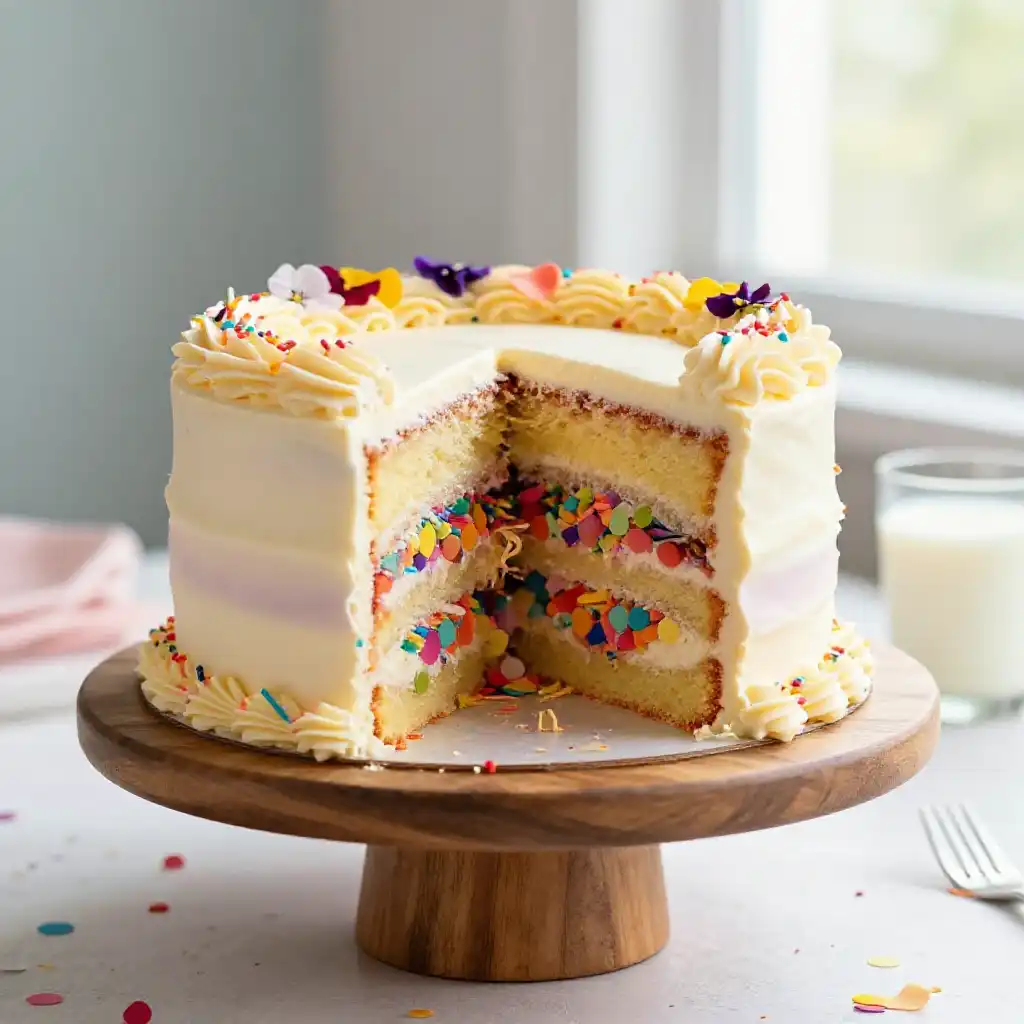 Smash Cake with Colorful Hidden Confetti Interior plated dish