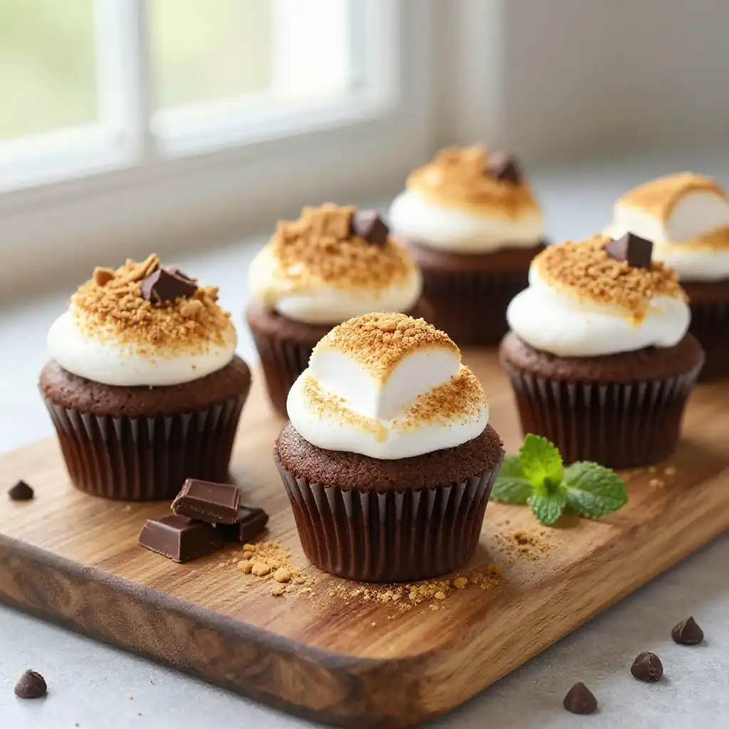 S'mores Cupcakes with Toasted Marshmallow Top plated dish