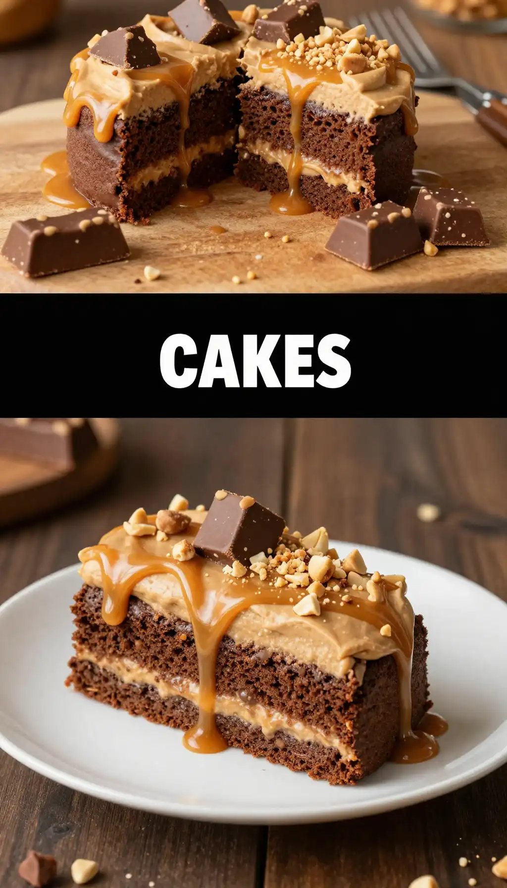 Snickers Cake with Peanut Butter Caramel and Chocolate pinterest pin