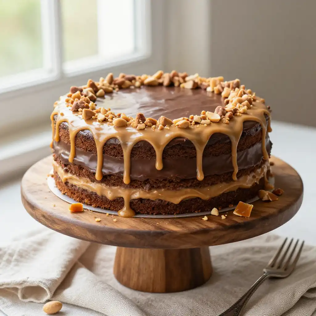 Snickers Cake with Peanut Butter Caramel and Chocolate plated dish
