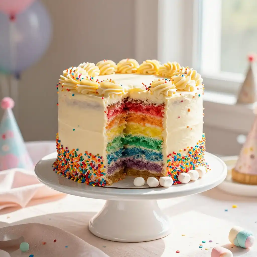 Sprinkle Explosion Confetti Cake with Rainbow Interior plated dish