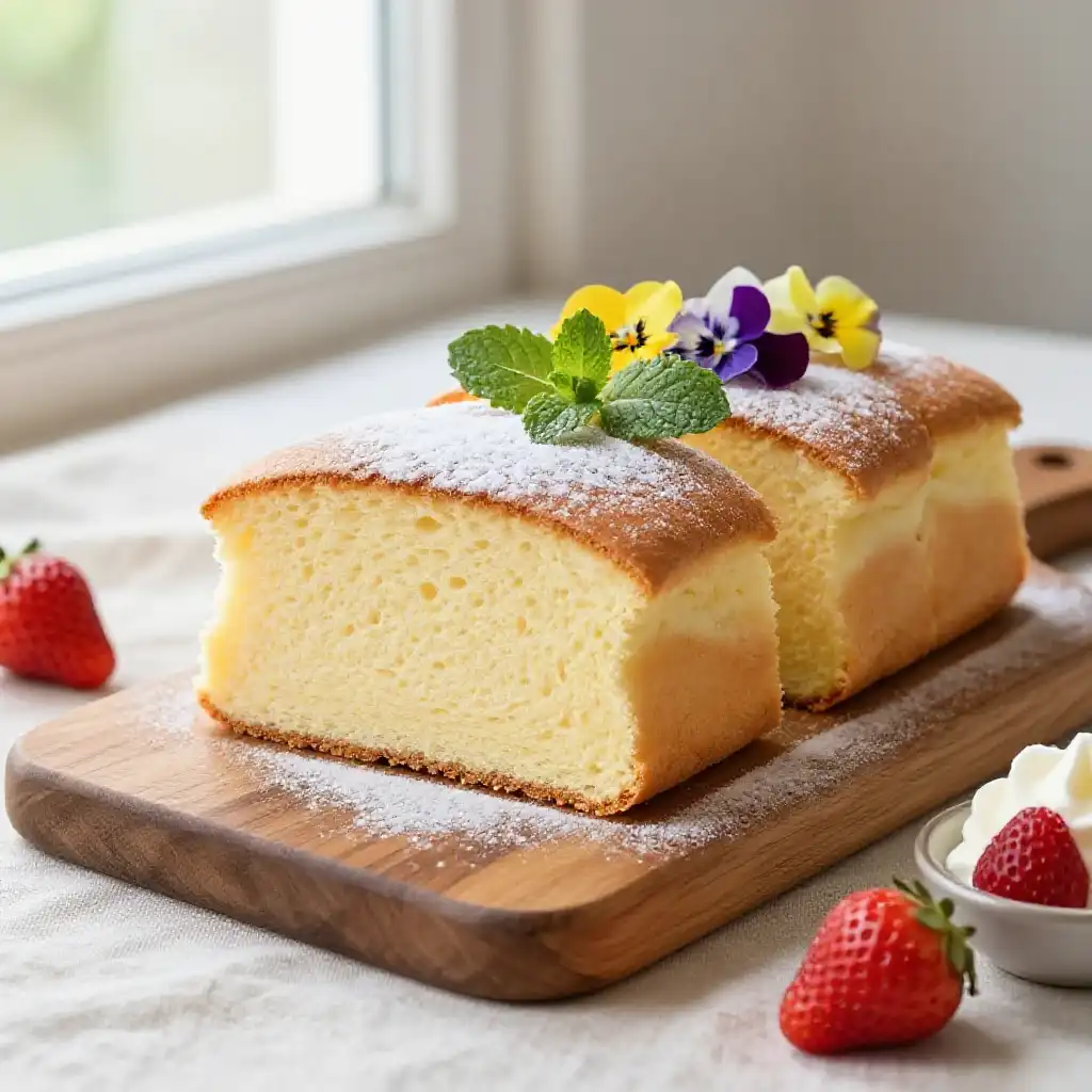 Taiwanese Castella Cake with Fluffy Soufflé Texture plated dish