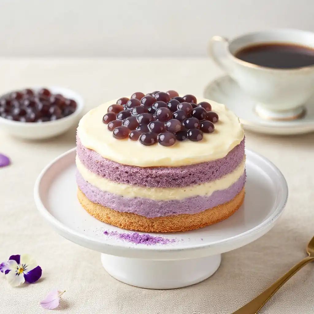 Taro Milk Tea Cake with Bubble Tea Buttercream and Tapioca Pearls plated dish