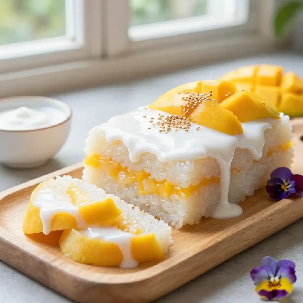 Thai Mango Sticky Rice Cake with Coconut Cream Drizzle plated dish