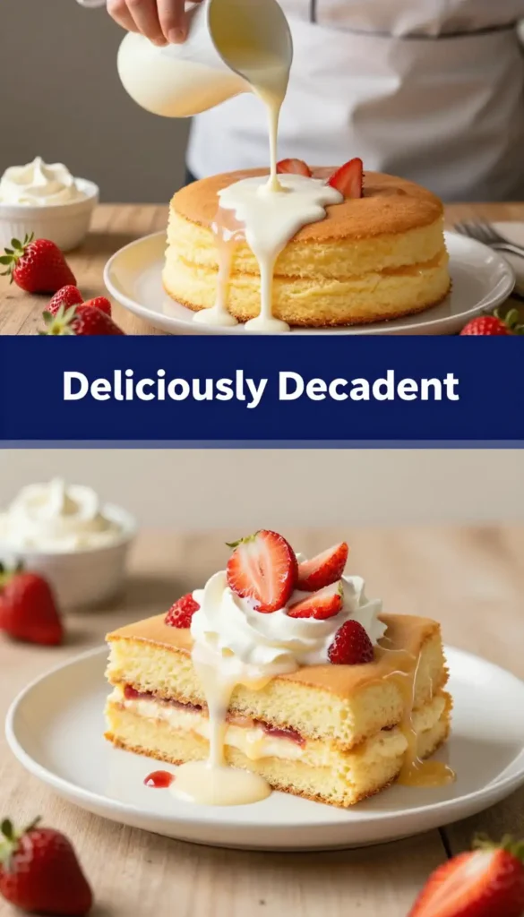 Tres Leches Cake with Whipped Cream and Fresh Strawberry Topping