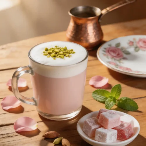 Turkish Delight Rose Hot Latte with Pistachio Garnish
