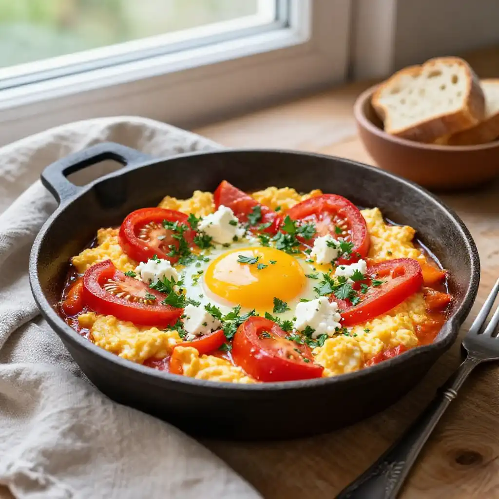 Turkish Menemen Scrambled Eggs with Peppers and Tomatoes plated dish