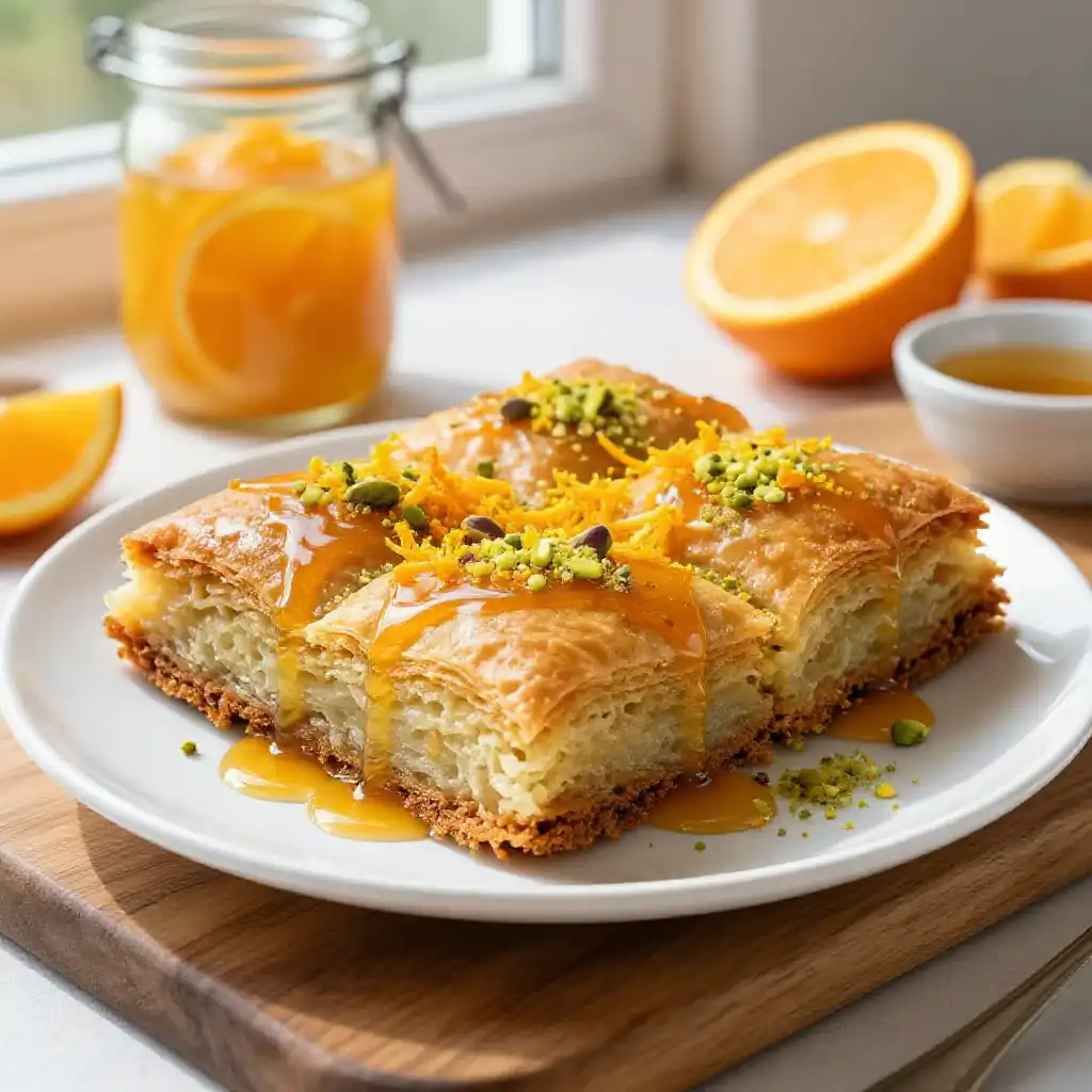 Turkish Revani Semolina Cake with Orange Blossom Syrup plated dish