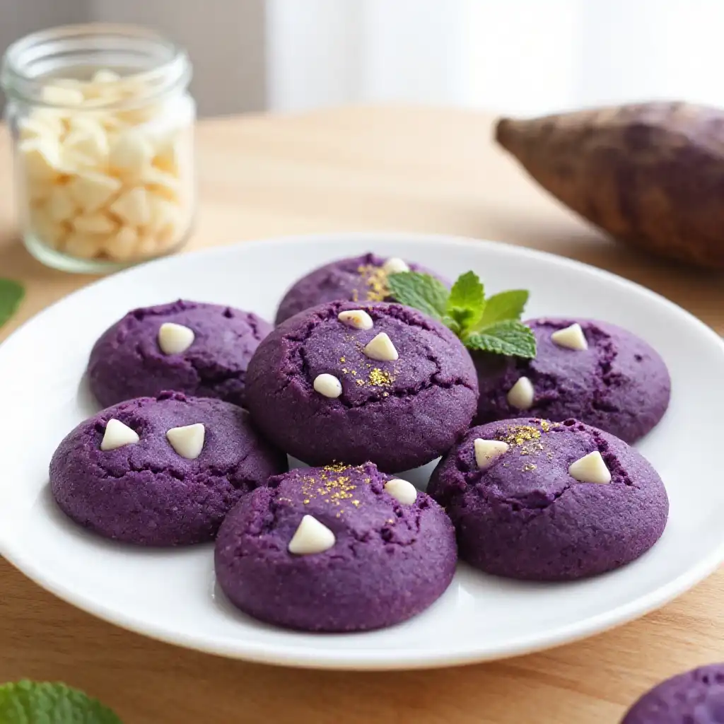 Ube Purple Yam Cookies with White Chocolate Chips plated dish