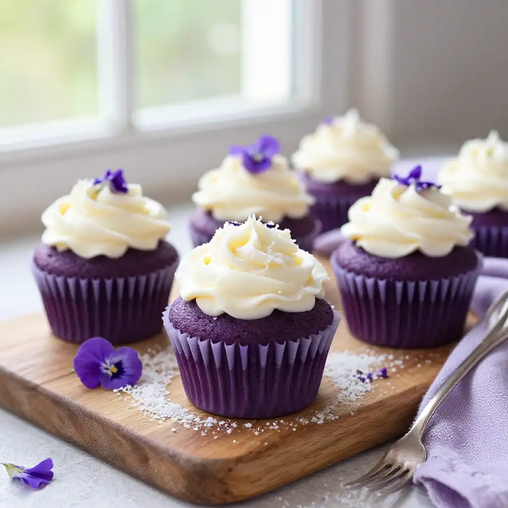Ube Purple Yam Cupcakes with Coconut Cream Cheese Frosting plated dish