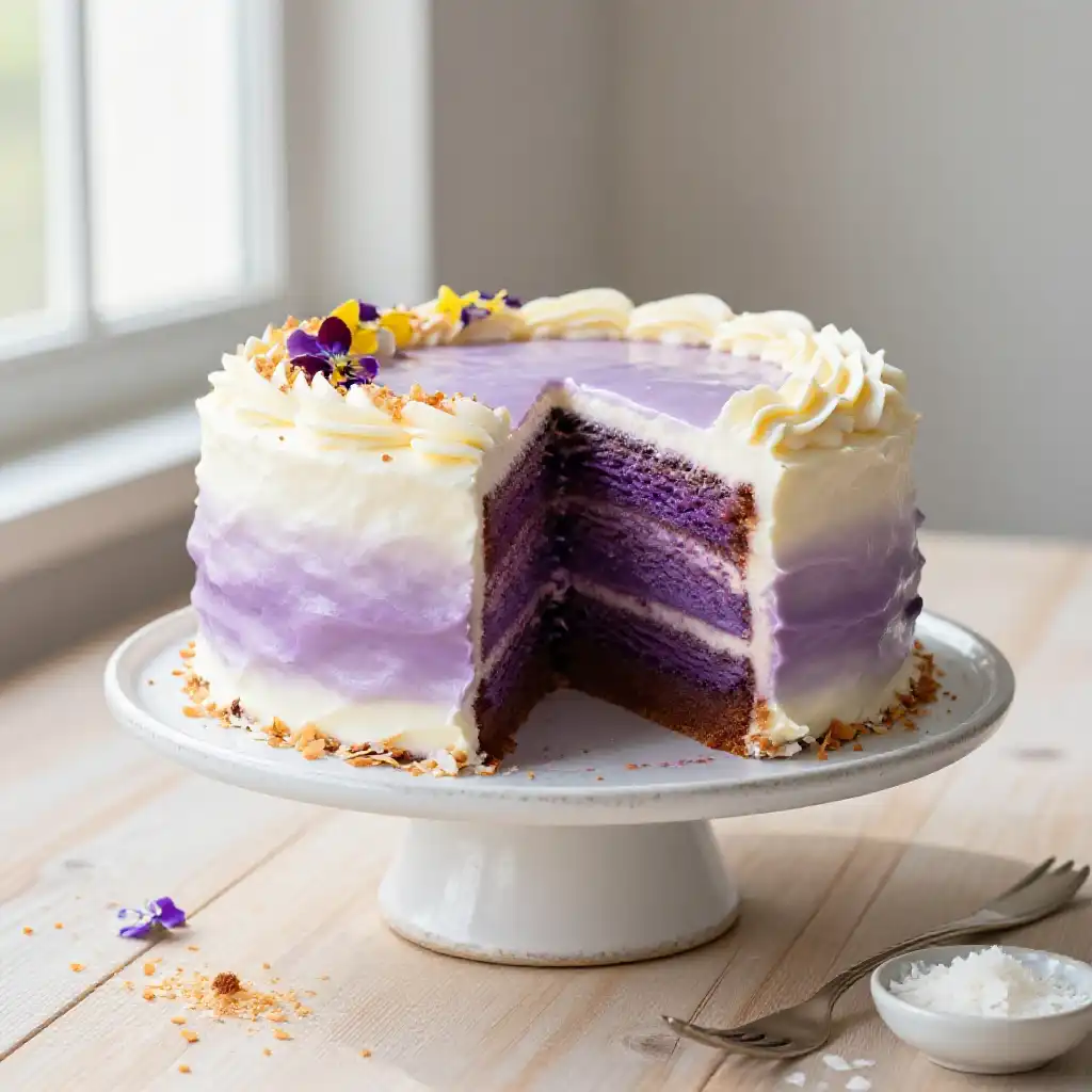 Ube Purple Yam Layer Cake with Coconut Cream Cheese Frosting plated dish