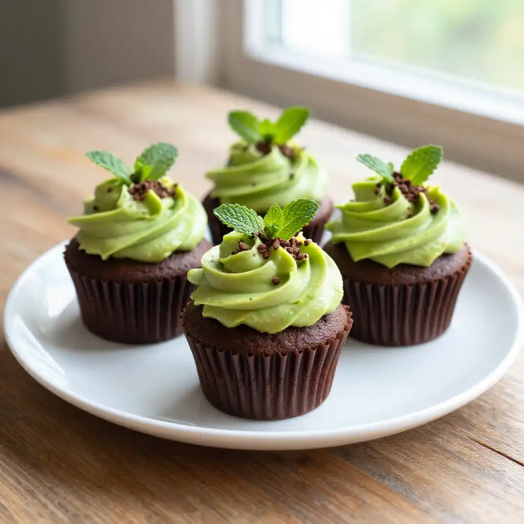 Vegan Chocolate Cupcakes with Avocado Frosting plated dish