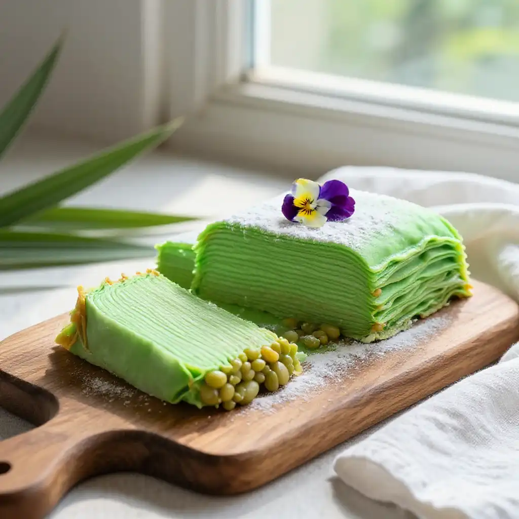 Vietnamese Pandan Layer Cake with Mung Bean Filling plated dish