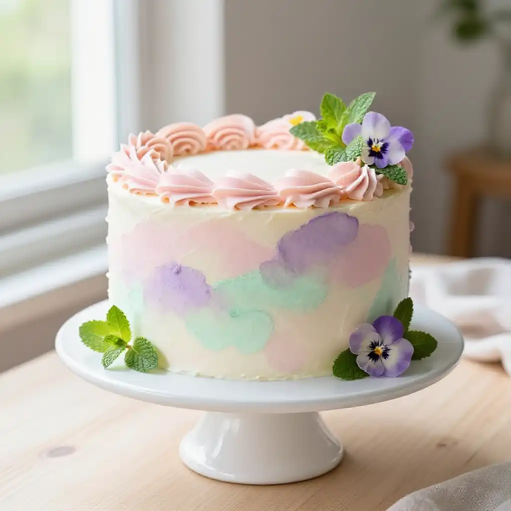 Watercolor Painted Cake with Soft Pastel Swirls plated dish